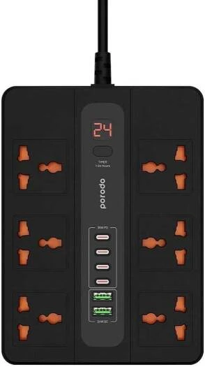 Porodo 6 Socket Power Extension Cord, 6 AC With 2x USB-A 24W, 4x USB-C PD 36W, Multi-Port Super Hub, 3 Meter Long, 3000W, UK 3 Pin Plug, Black | PD-FWCH009-3M-BK